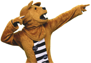 The Nittany Lion Mascot pointing to the right